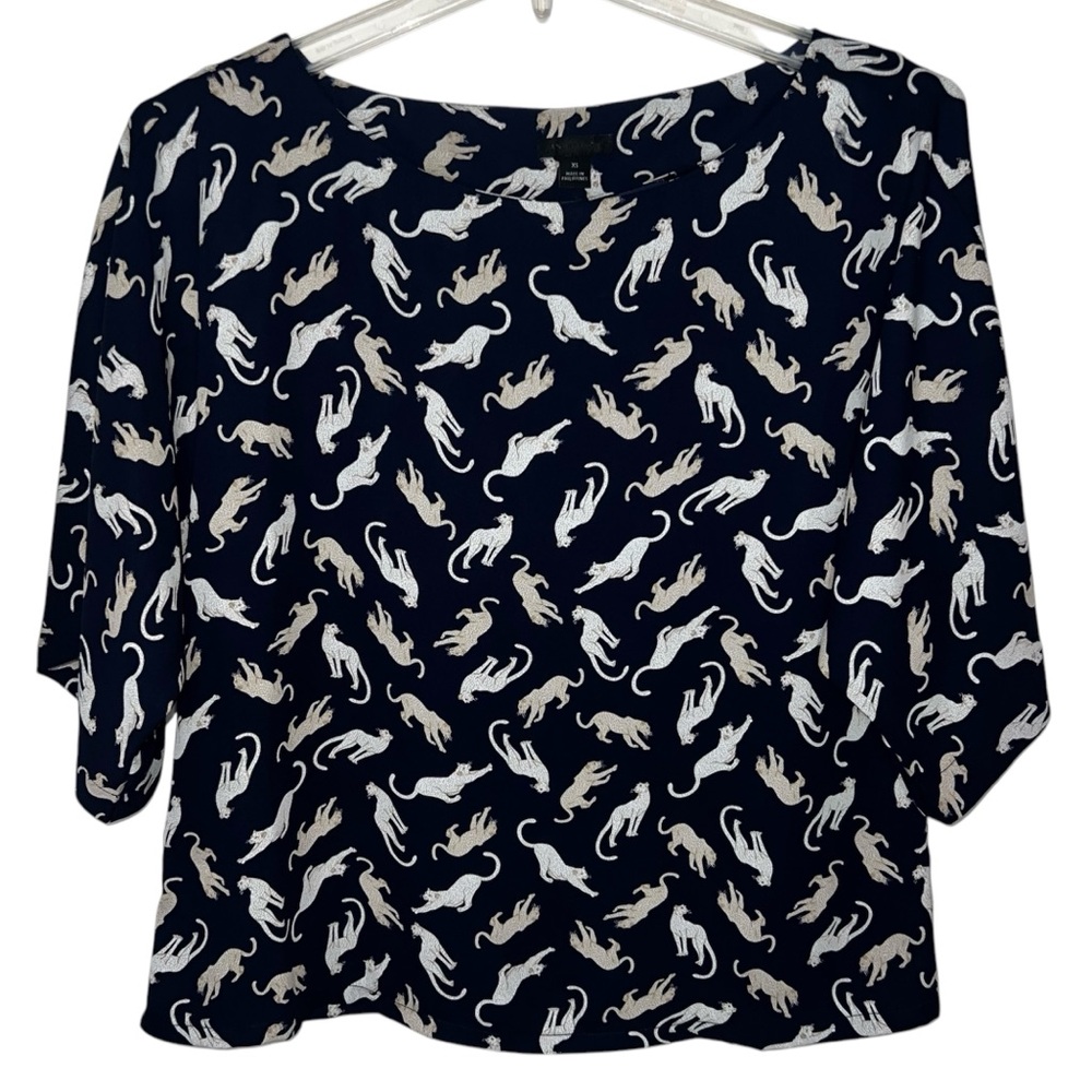 Ann Taylor Navy Cat Cheetah Top Short Sleeved Size XS - Picture 1 of 11